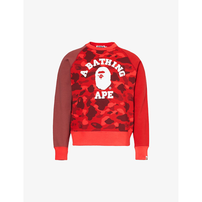 Shop A Bathing Ape Men's Red Crewneck Brand-patch Cotton-jersey Sweatshirt