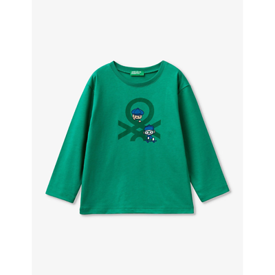 Shop Benetton Green Branded-print Long-sleeved Cotton-jersey T-shirt 18 Months - 6 Years