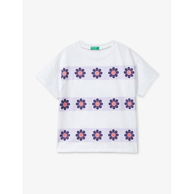 Shop Benetton Girls White/lilac Kids Floral-print Short-sleeve Cotton T-shirt 6-14 Years