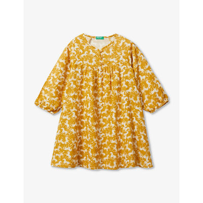 Shop Benetton Horse-print Long-sleeved Cotton Dress 6-14 Years In Mustard Pattern