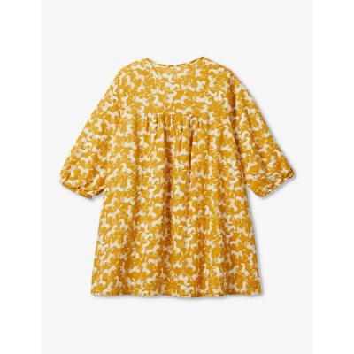 Shop Benetton Girls Mustard Pattern Kids Horse-print Long-sleeved Cotton Dress 6-14 Years