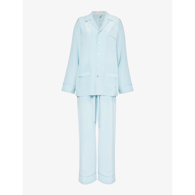 Shop Olivia Von Halle Yves Contrast-piping Silk Pyjama Set In Skyward