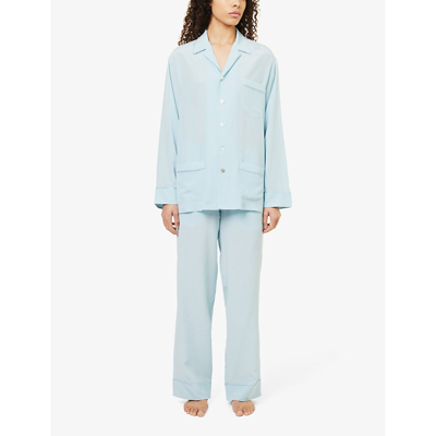 Shop Olivia Von Halle Yves Contrast-piping Silk Pyjama Set In Skyward