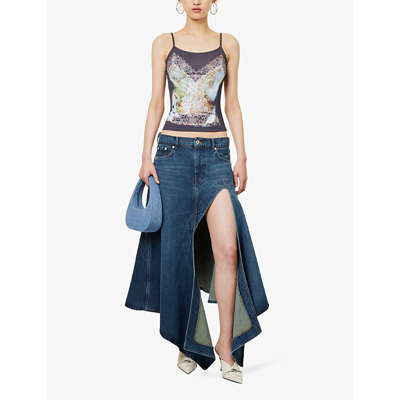 Shop Y/project Women's Evergreen Vintage Blue Asymmetric-hem Logo-patch Organic-denim Midi Skirt