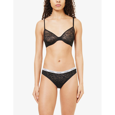 Shop Calvin Klein Women's Black Modern Branded-waistband Stretch-lace Briefs