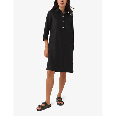 Shop The White Company Women's Black Oversized-button Three Quarter-length Sleeves Linen Knee-length Dres