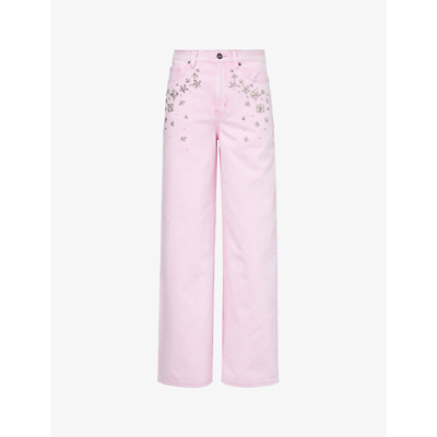 Shop Self-portrait Crystal-embellished Wide-leg Mid-rise Jeans In Pink
