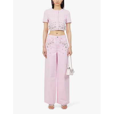 Shop Self-portrait Crystal-embellished Wide-leg Mid-rise Jeans In Pink