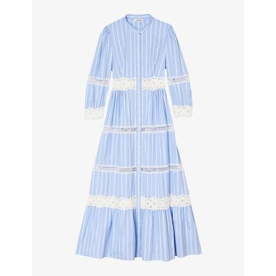 Shop Sandro Women's Bleus Lace-embroidered Long-sleeve Striped Cotton Maxi Dress