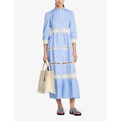 Shop Sandro Women's Bleus Lace-embroidered Long-sleeve Striped Cotton Maxi Dress