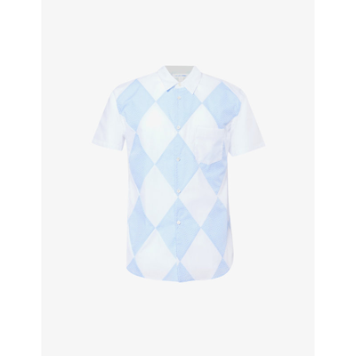 Shop Comme Des Garçons Shirt Comme Des Garcons Shirt Men's White Blue Diamond-pattern Short-sleeved Cotton Shirt