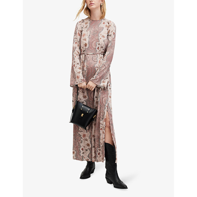Shop Allsaints Susannah Cascade Graphic-print Stretch-woven Maxi Dress In Clay Pink