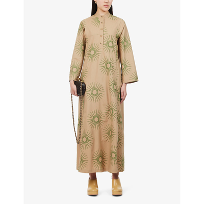 Shop Dries Van Noten Embroidered-pattern Round-neck Cotton Maxi Dress In Beige