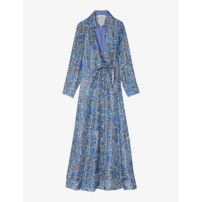 Shop Sandro Women's Bleus Floral-print Side-tie Woven Midi Dress