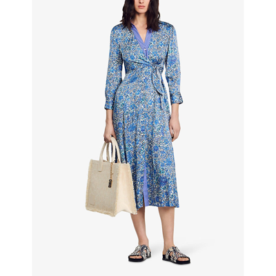 Shop Sandro Womens Bleus Floral-print Side-tie Woven Midi Dress