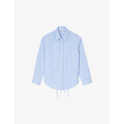 Shop Sandro Womens Bleus Lace-embroidered Striped Cotton Shirt