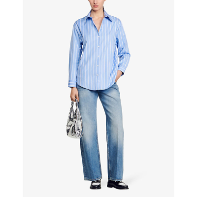 Shop Sandro Womens Bleus Lace-embroidered Striped Cotton Shirt