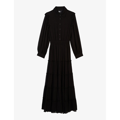 Shop The Kooples Smocked-waist Long-sleeve Woven Maxi Dress In Black