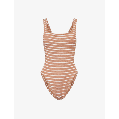Shop Hunza G Striped Square-neck Swimsuit In Metallic Cocoa/white