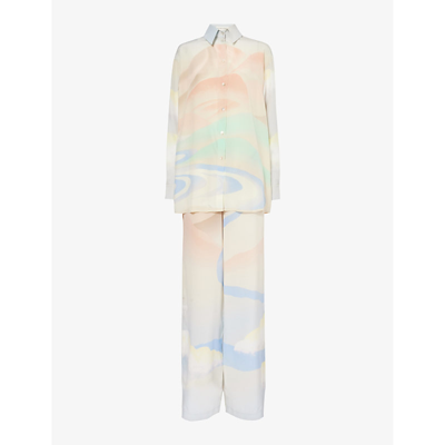 Shop Olivia Von Halle Wolfe Graphic-print Silk Pyjama In Ecliptic