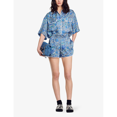Shop Sandro Womens Bleus Floral-print High-rise Woven Shorts