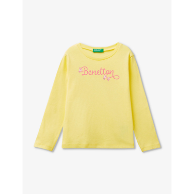 Shop Benetton Glitter-branded Long-sleeved Organic-cotton T-shirt 18 Months - 6 Years In Aquamarine