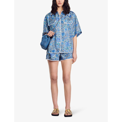 Shop Sandro Womens Bleus Floral-print Relaxed-fit Silk Shirt
