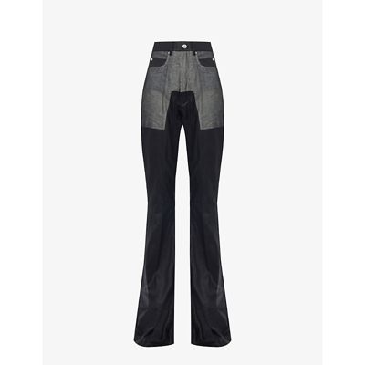 Shop Rick Owens Women's Black Contrast-panel Semi-sheer Flared-leg Cotton Trousers