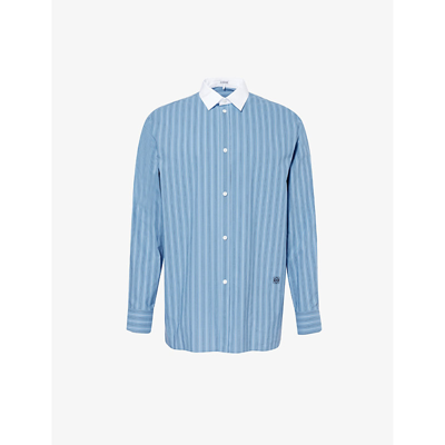 Shop Loewe Brand-embroidered Pleated-cuff Relaxed-fit Cotton-poplin Shirt In Stone Blue