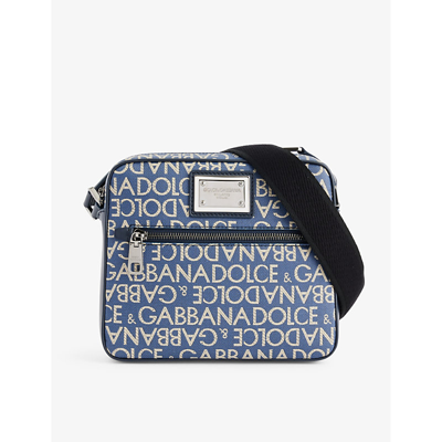 Shop Dolce & Gabbana Brand-logo Cotton-blend Shoulder Bag In Blue Ecru