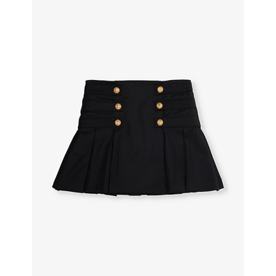 Shop Balmain Button-embellished Pleated Stretch-wool Mini Skirt 8-13 Years In Black