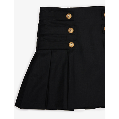 Shop Balmain Girls Black Kids Button-embellished Pleated Stretch-wool Mini Skirt 8-13 Years