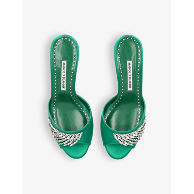 Shop Manolo Blahnik Lumada 50 Crystal-embellished Satin Heeled Mules In Green