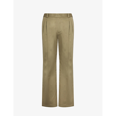 Shop Loewe Pleated Straight-leg Cotton-twill Trousers In Military Green
