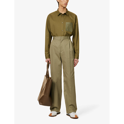 Shop Loewe Men's Military Green Pleated Straight-leg Cotton-twill Trousers
