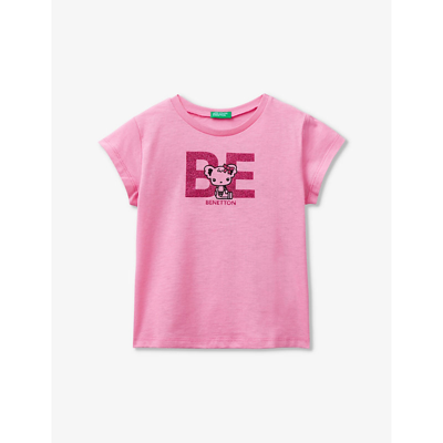 Shop Benetton Girls Fuchsia Pink Kids Branded Glitter-embellished Organic-cotton T-shirt 18 Months - 6 Ye