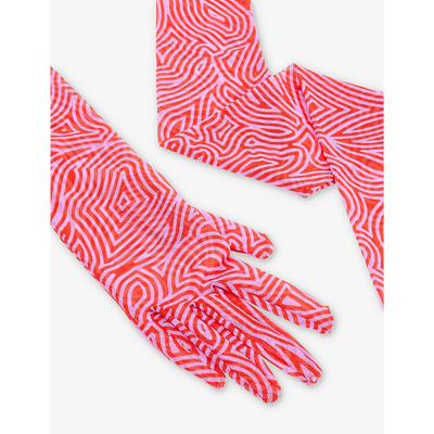 Shop Dries Van Noten Geometric-print Elbow-length Stretch-mesh Gloves In Red