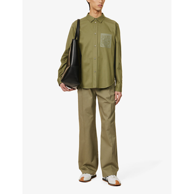 Shop Loewe Mens Hunter Green Anagram-embroidered Pleated-cuffs Relaxed-fit Cotton-twill Shirt