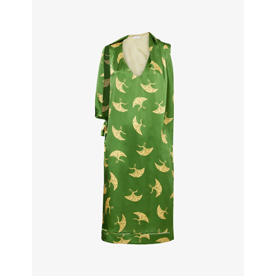 Shop Dries Van Noten Crane Bird-print V-neck Relaxed-fit Silk Midi Dress In Green