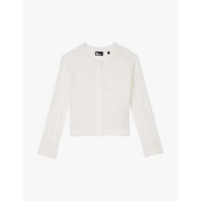 Shop The Kooples Women's White Scalloped-edge Slim-fit Knitted Cardigan