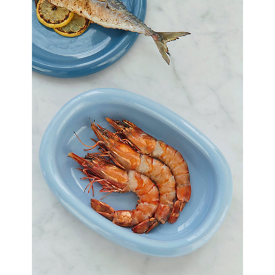 Hay Light Blue Barro Small Striped Terracotta Oval Dish In Light Blue