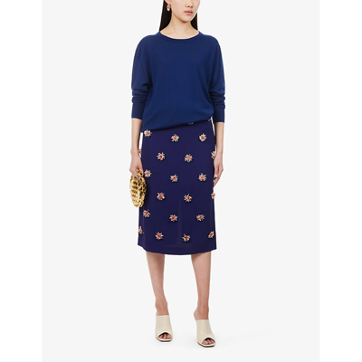 Shop Dries Van Noten Bead-embellished High-rise Woven Midi Skirt In Inkblue