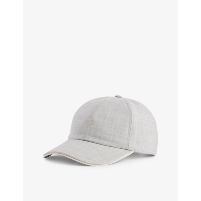 Shop Eleventy Brand-embroidered Wool-blend Cap In Grey And Sand
