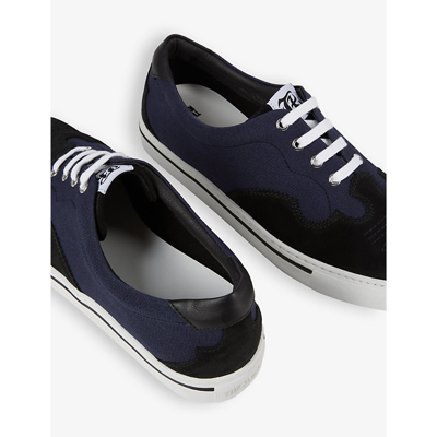 Shop The Kooples Men's Navy Embroidered-trim Low-top Canvas And Leather Trainers