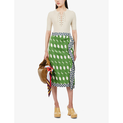 Shop Dries Van Noten Abstract-pattern High-rise Silk-blend Midi Skirt In Green