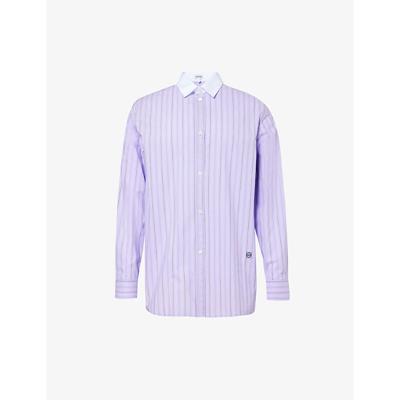 Shop Loewe Men's Baby Lilac Brand-embroidered Pleated-cuff Relaxed-fit Cotton-poplin Shirt