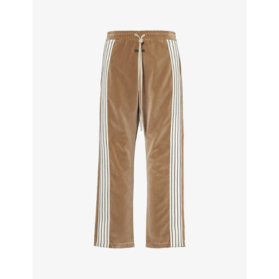 Shop Fear Of God Brand-stripe Brand-patch Cotton-blend Velour Trousers In Camel