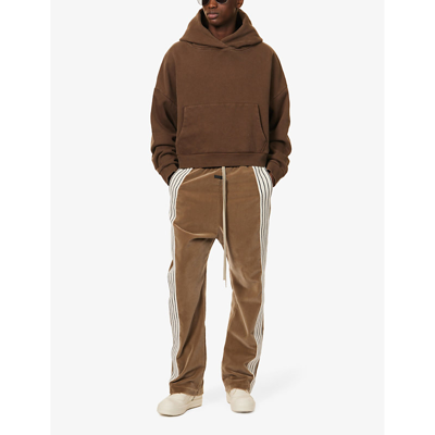 Shop Fear Of God Brand-stripe Brand-patch Cotton-blend Velour Trousers In Camel