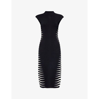 Herve Leger Turtleneck Colorblock Intarsia Cap-sleeve Midi Dress In Black Alabaster
