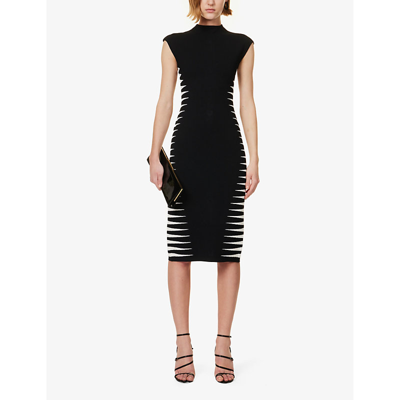 Herve Leger Turtleneck Colorblock Intarsia Cap-sleeve Midi Dress In Black Alabaster